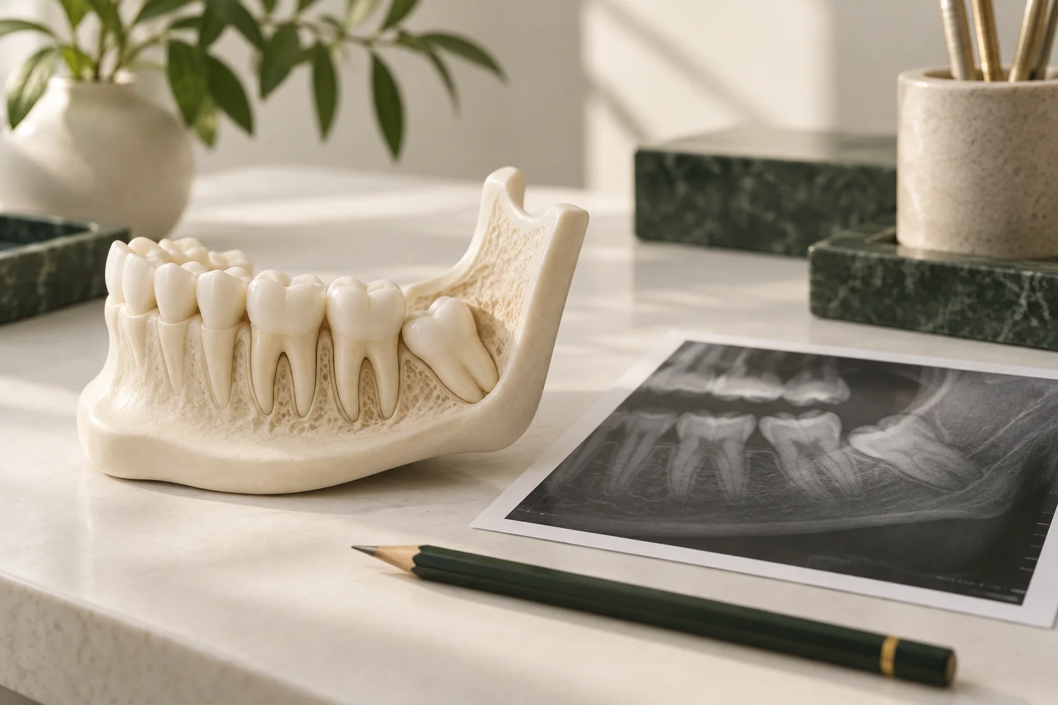 Modelo anatômico ilustrativo da mandíbula com terceiro molar ao lado de imagem radiográfica fictícia