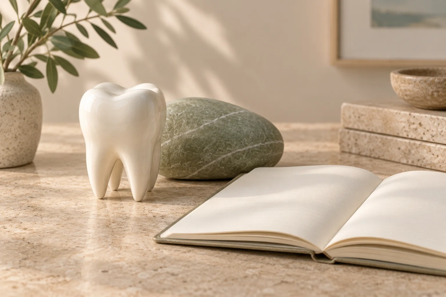 Dente de cerâmica intacto ao lado de pedra verde curva e caderno sem escrita em bancada clara