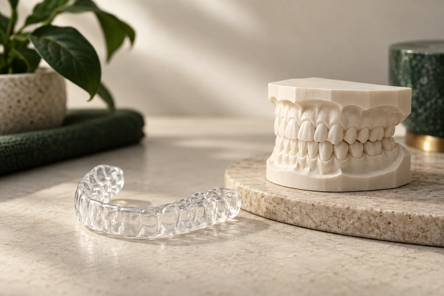 Placa odontológica transparente ilustrativa ao lado de um modelo de dentes sobre bancada