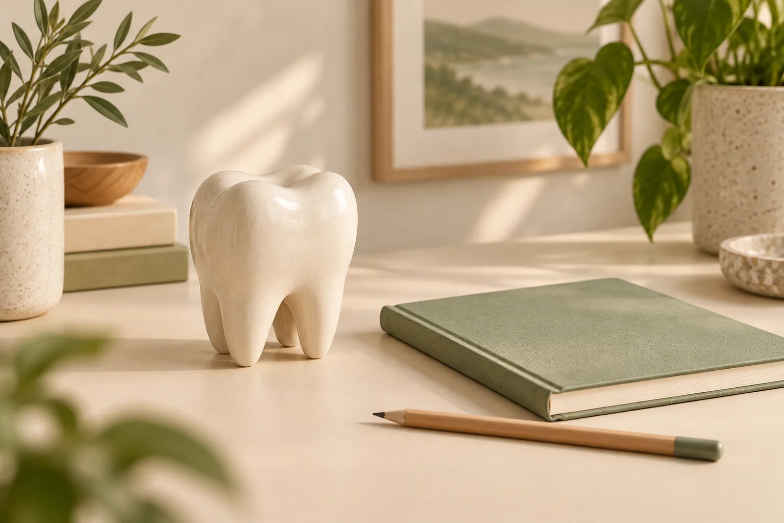 Dente ilustrativo de cerâmica ao lado de caderno verde e lápis, representando preparação para a consulta