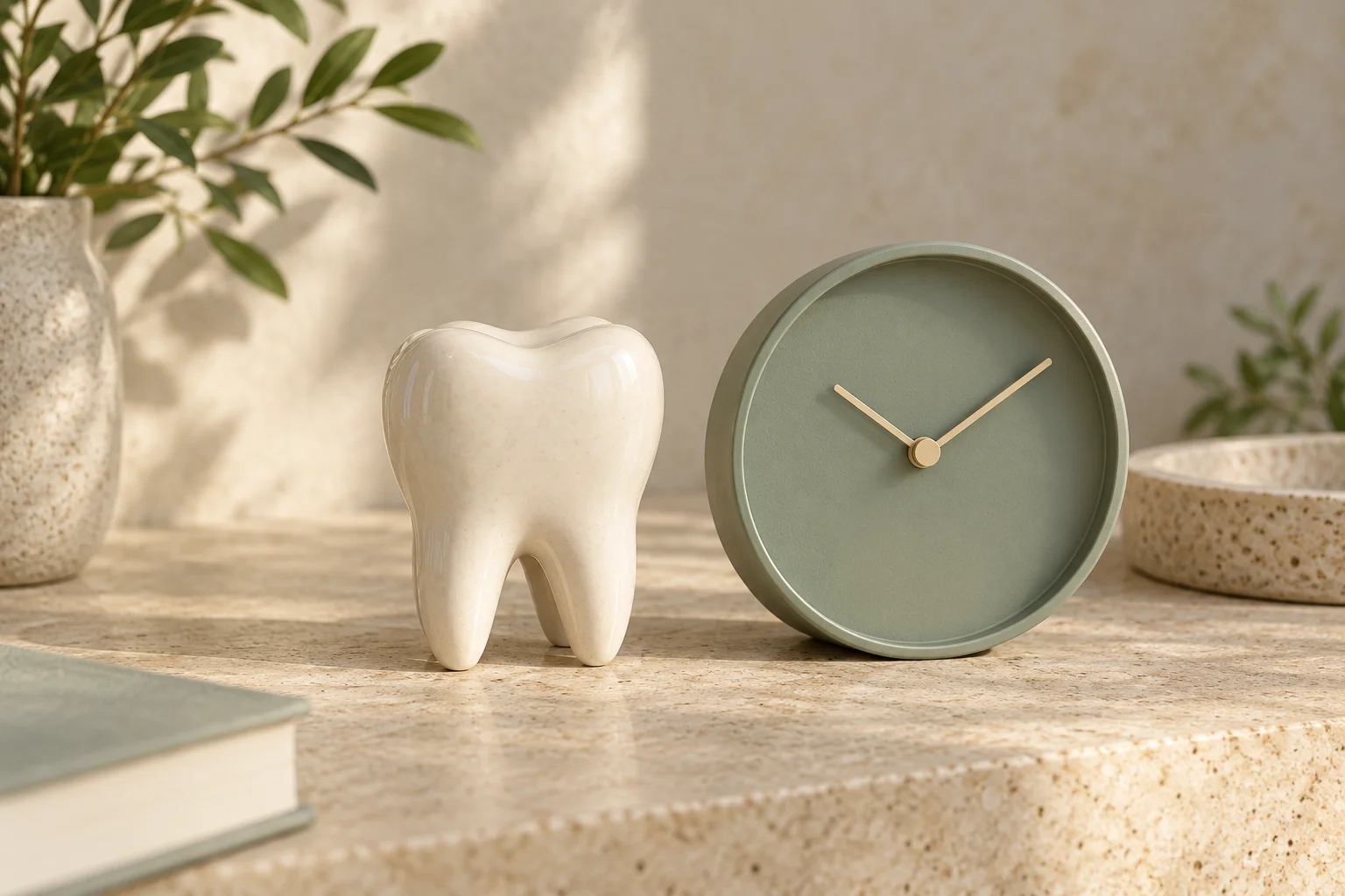Escultura de dente em cerâmica ao lado de relógio verde, simbolizando atenção ao tempo de atendimento