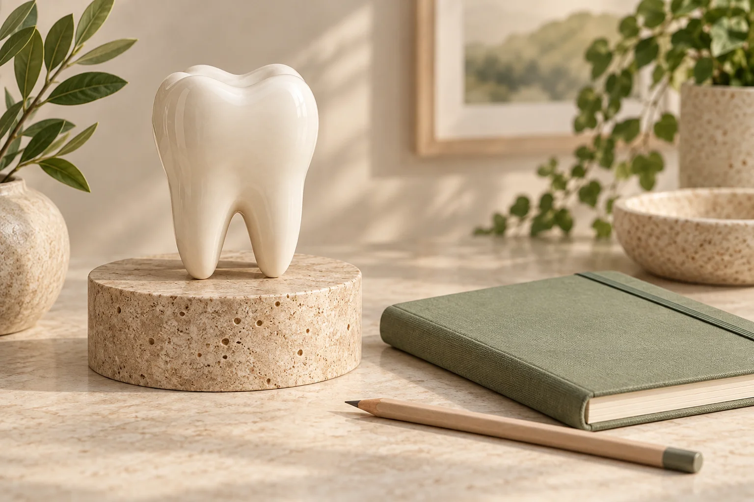 Escultura ilustrativa de dente em cerâmica clara ao lado de caderno verde e lápis sobre base de pedra