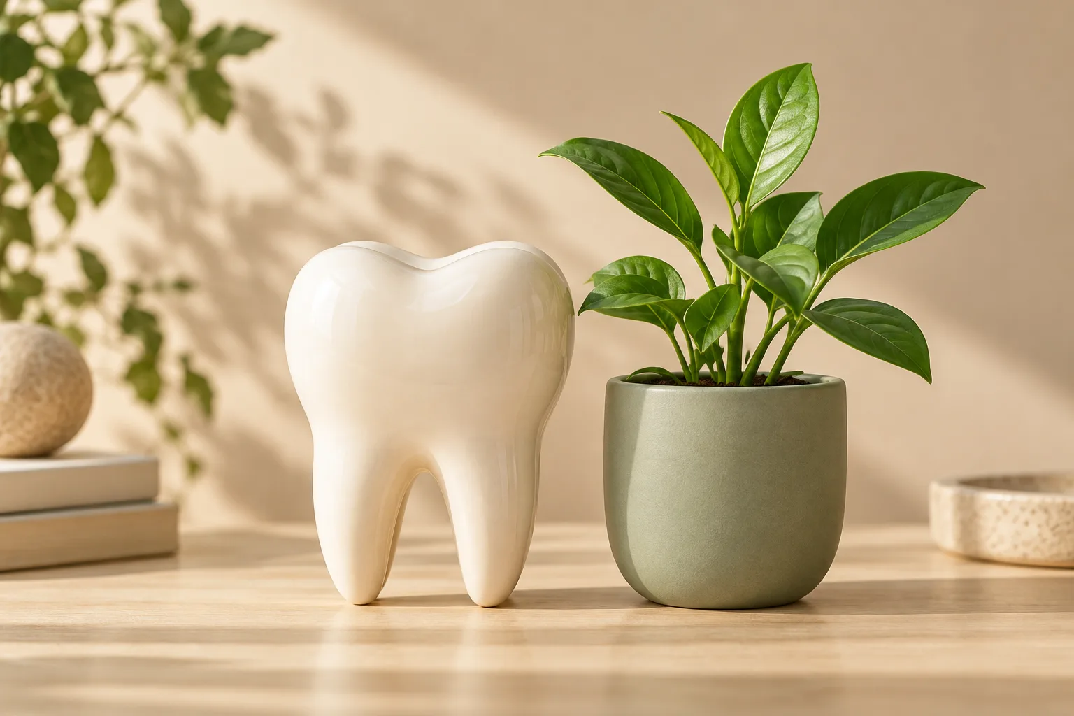 Dente ilustrativo de cerâmica ao lado de planta verde, representando cuidado e apoio à mudança de hábitos