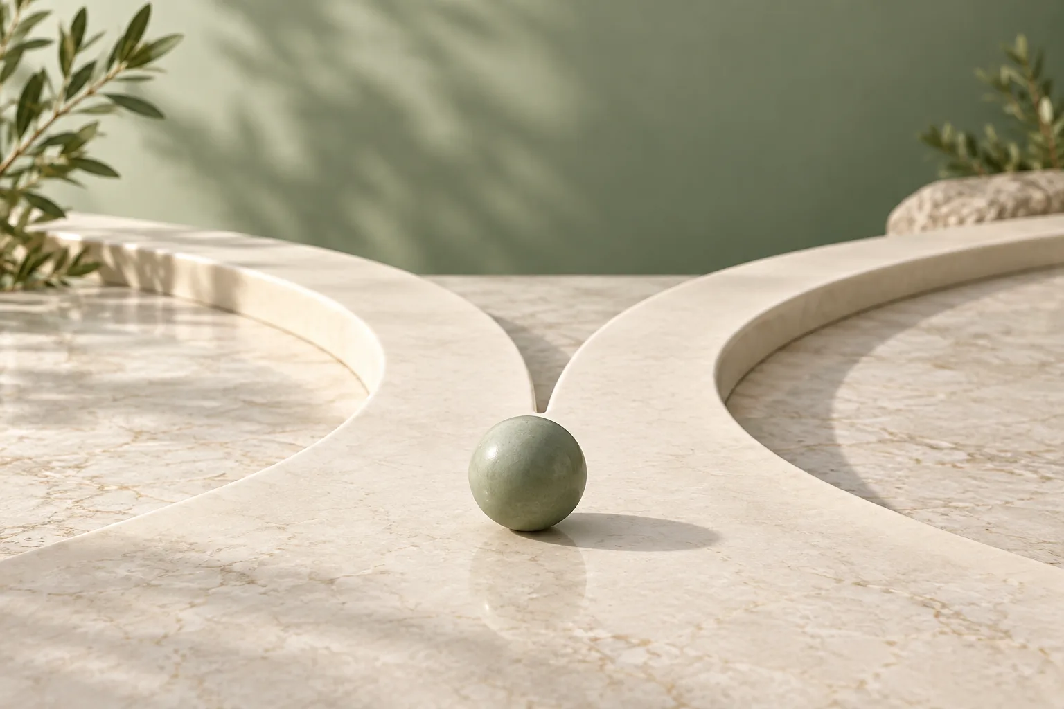 Caminhos curvos de cerâmica junto a esfera verde, ilustrando reflexão e escolha informada sobre o tratamento