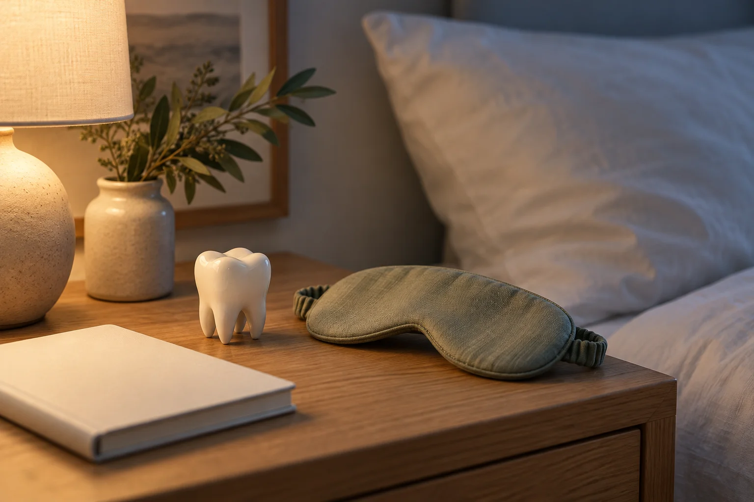 Dente de cerâmica ao lado de máscara de dormir e caderno, em uma mesa de cabeceira