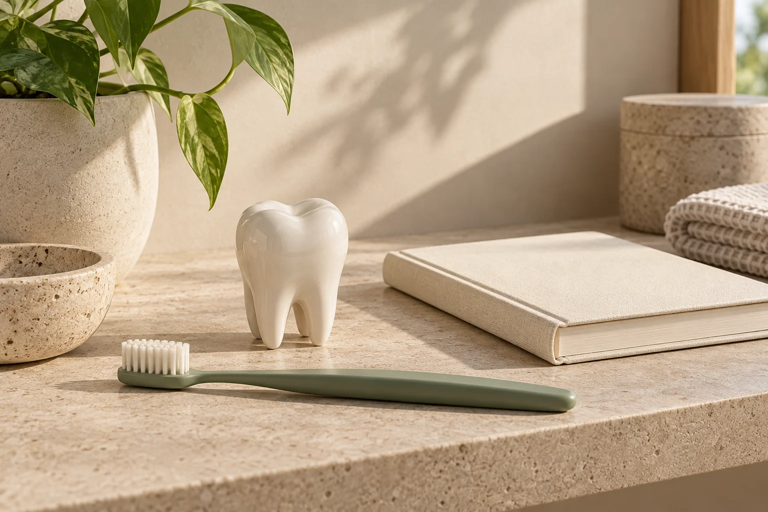 Dente de cerâmica ao lado de escova verde e caderno sobre uma bancada clara
