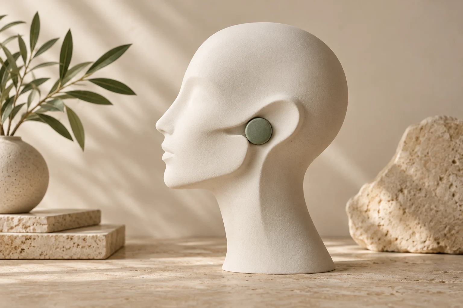 Escultura abstrata de perfil humano em cerâmica clara com detalhe verde próximo à mandíbula