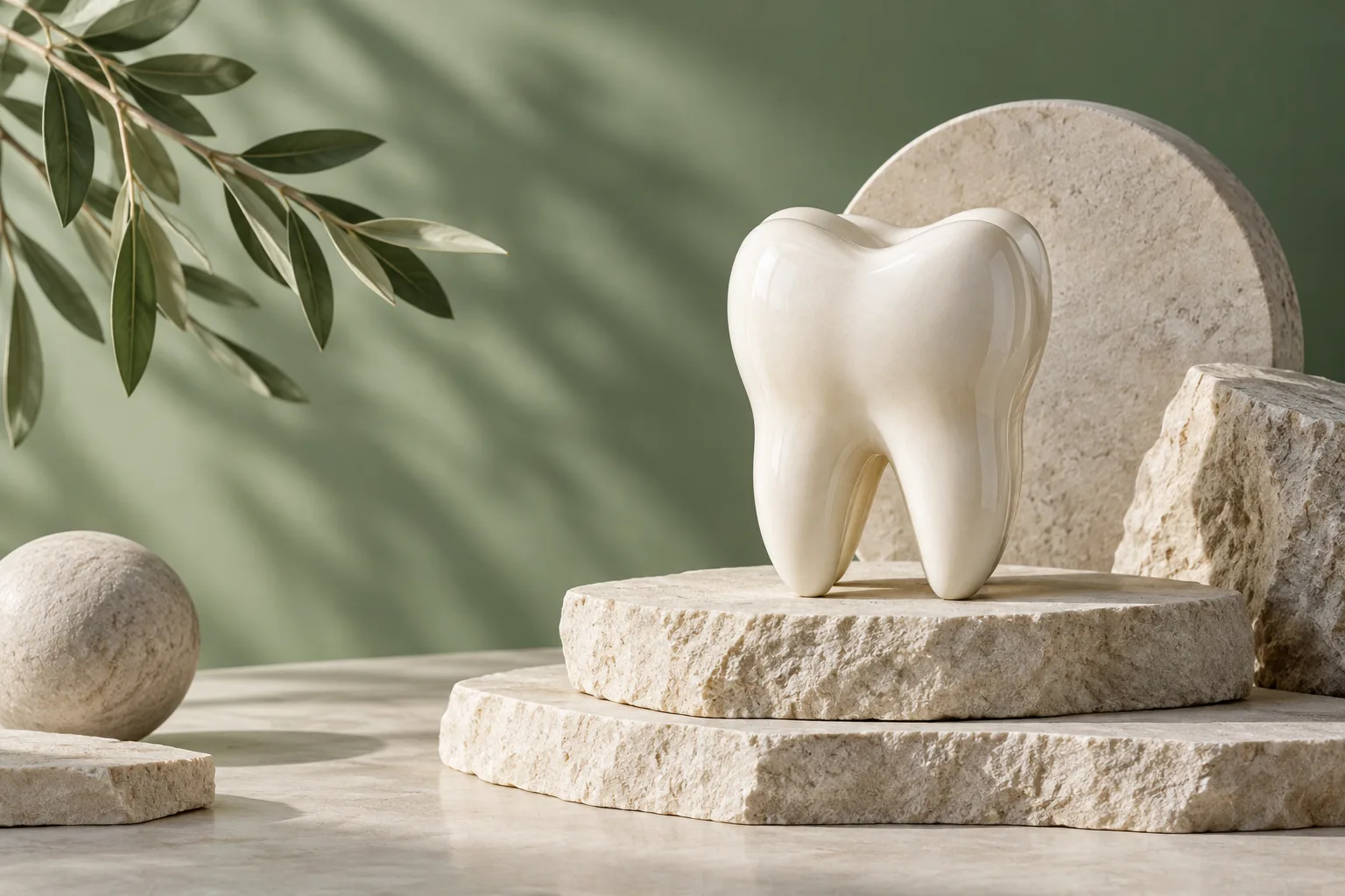 Dente ilustrativo de cerâmica sobre bases de pedra, representando planejamento do suporte para implantes